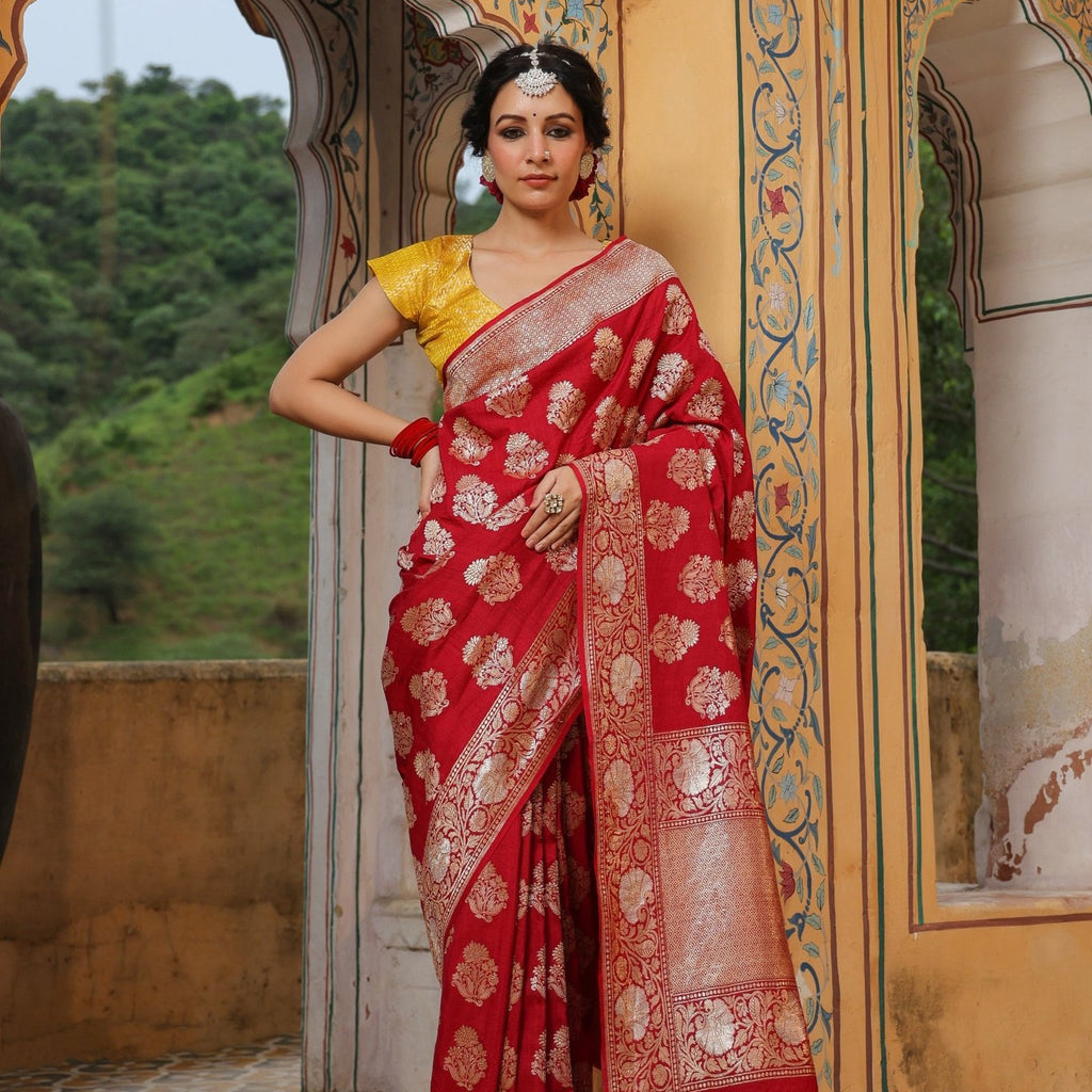Handwoven Maroon Banarasi Tussar Silk Saree