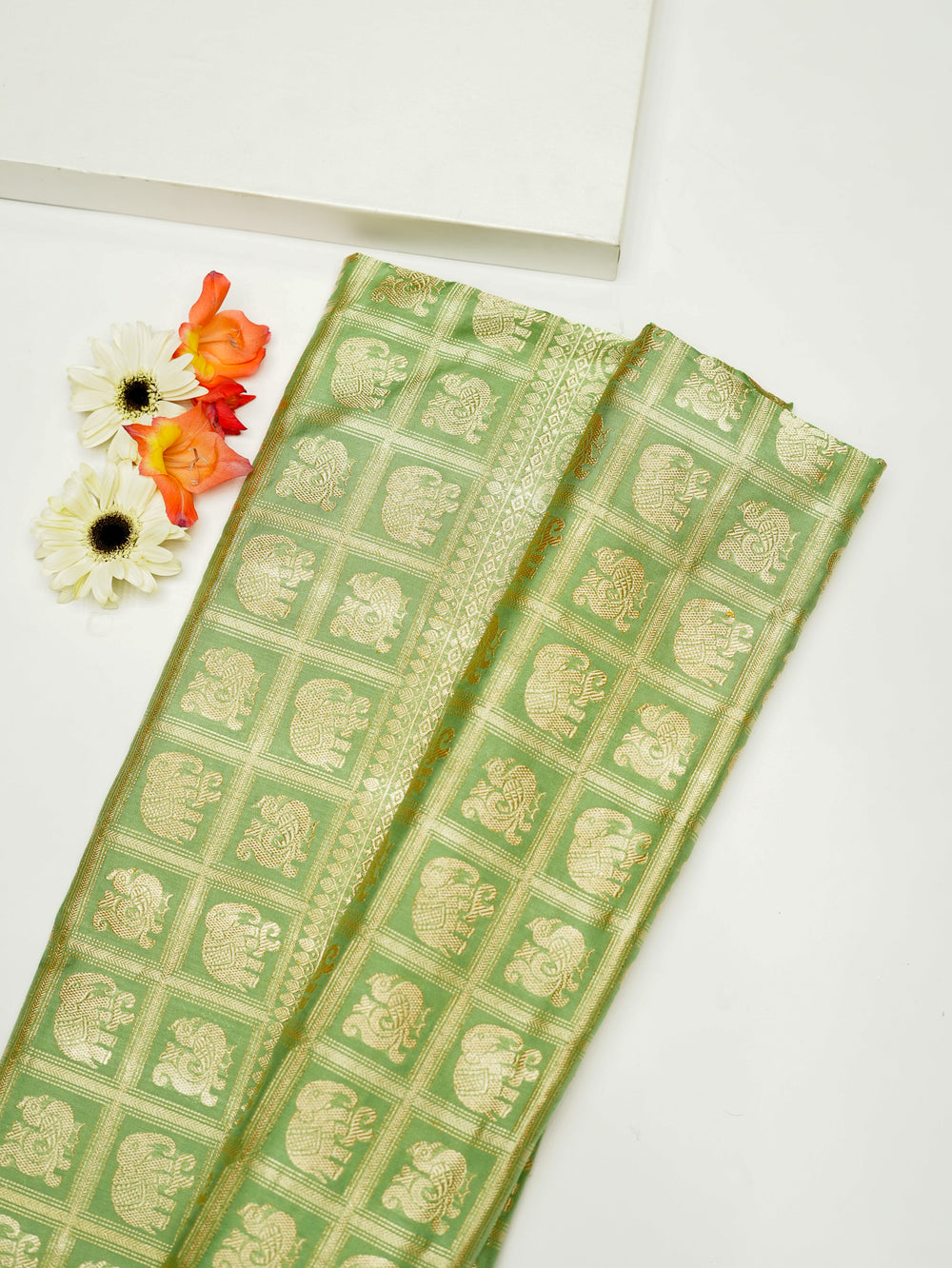 Handwoven Pista Green Motifs Banarasi Tissue Katan Silk Saree