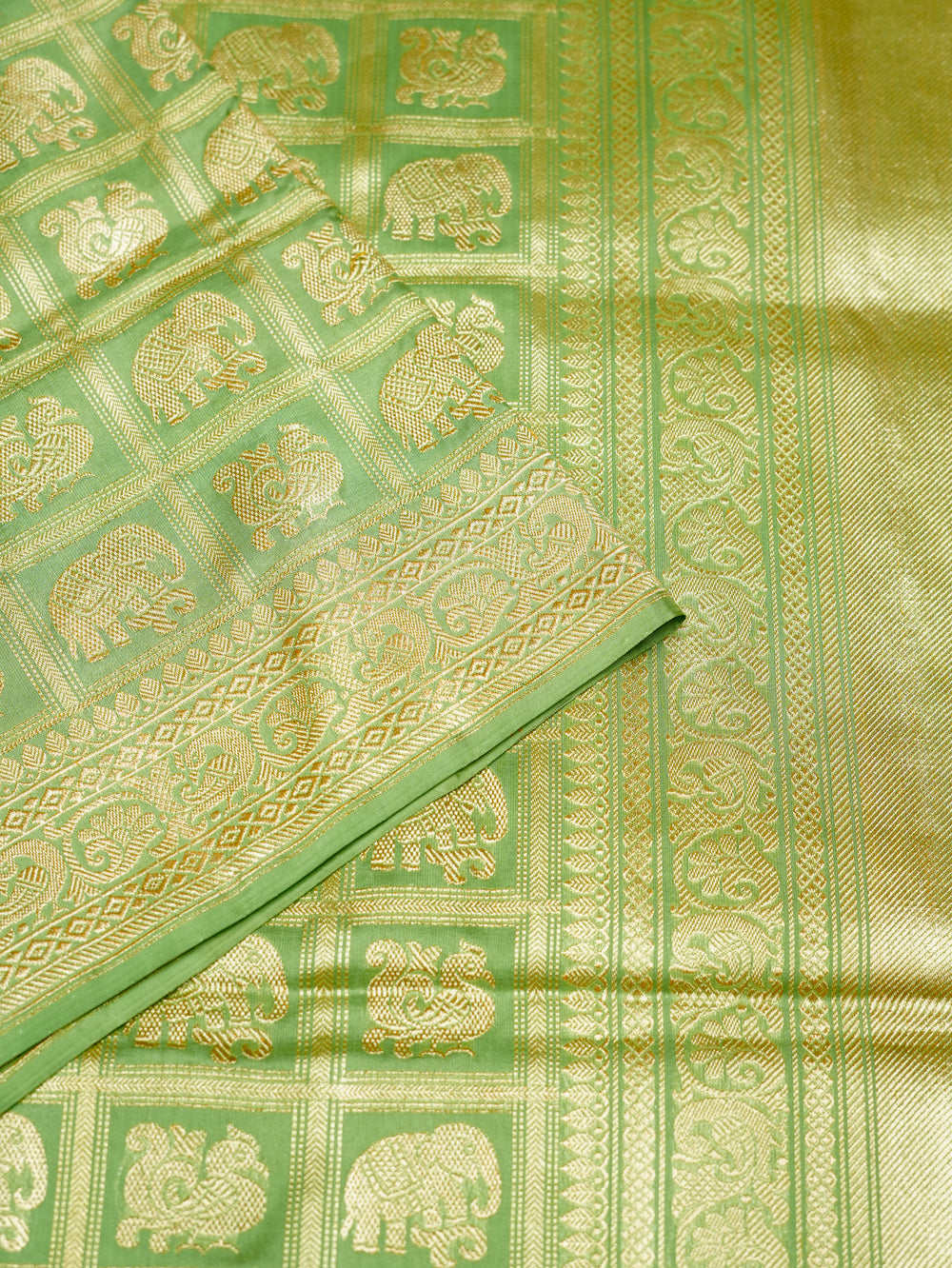 Handwoven Pista Green Motifs Banarasi Tissue Katan Silk Saree