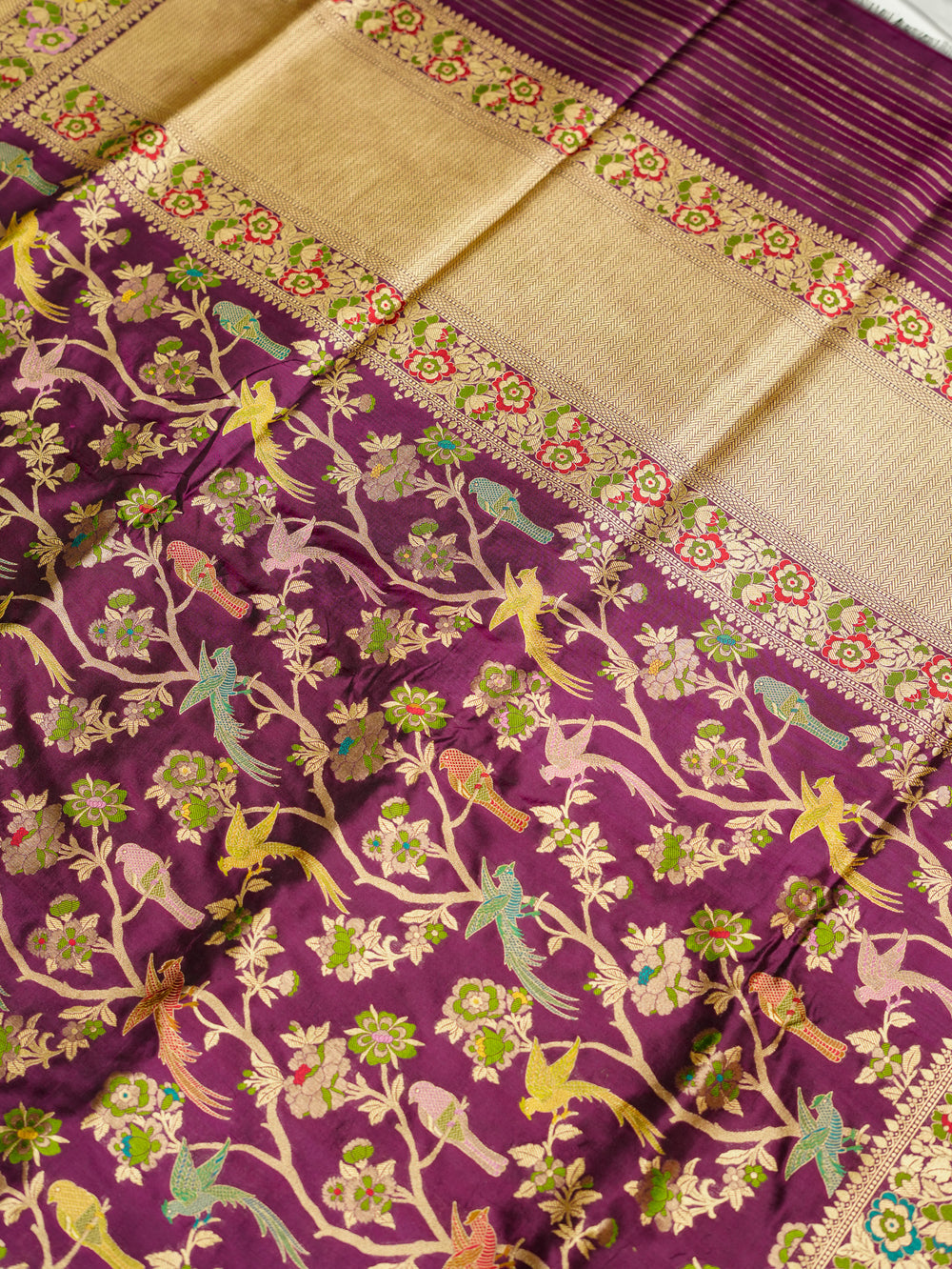Handwoven Wine Meenakari Banarasi Katan Silk Saree