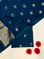 Handwoven Teal Blue Motifs Banarasi Katan Silk Suit