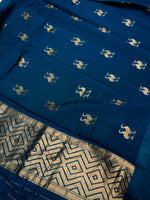 Handwoven Teal Blue Motifs Banarasi Katan Silk Suit