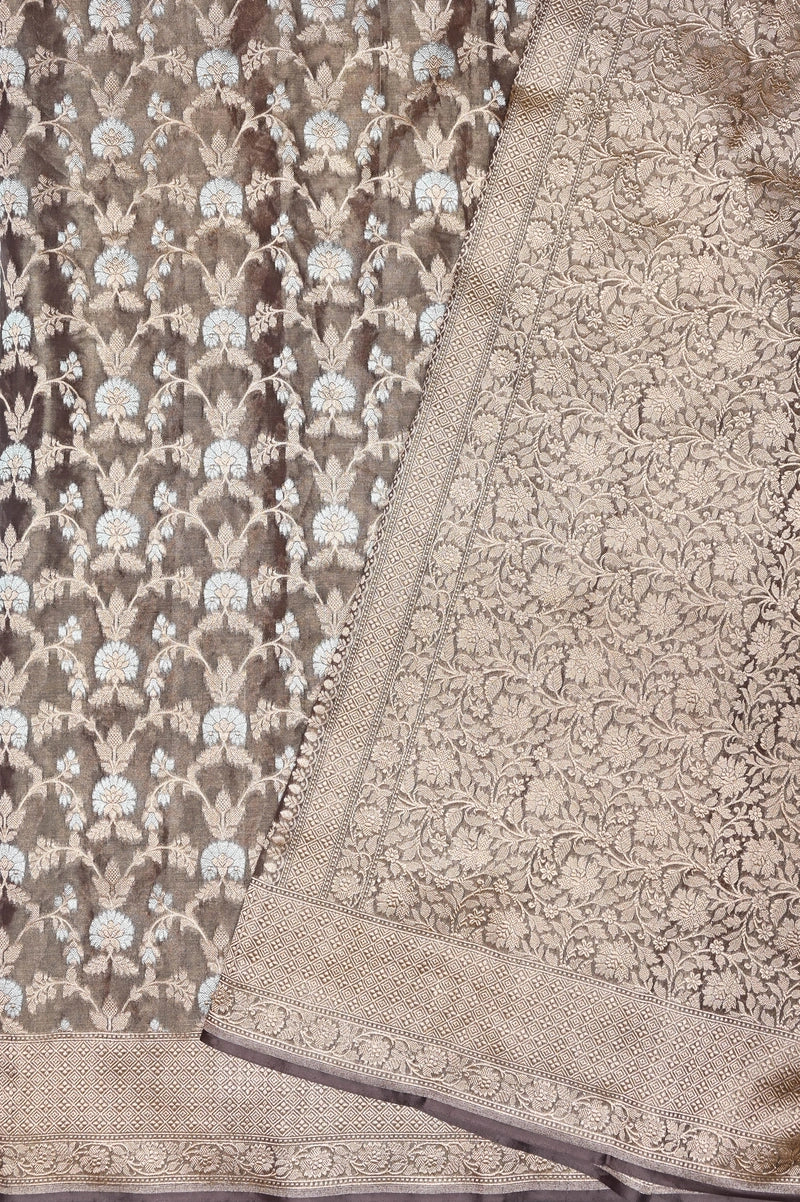 Handwoven Brown Banarasi Katan Tissue Silk Saree