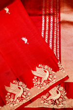 Handwoven Hot Red Banarasi Katan Soft Silk Saree