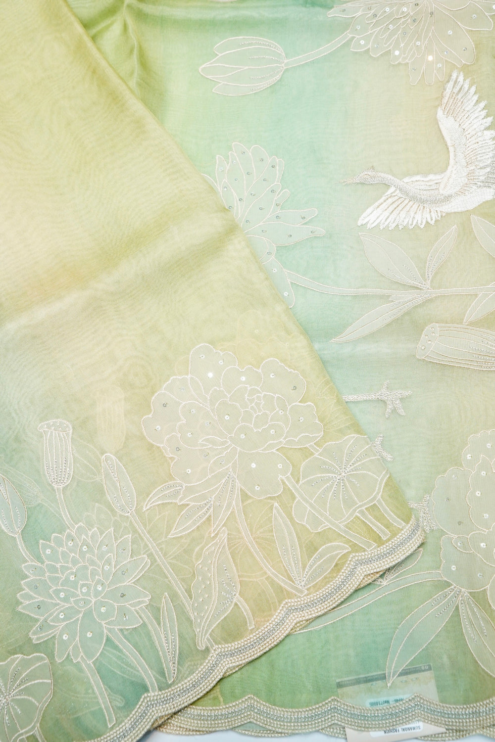 Designer Pista Green Embroidered Organza Saree