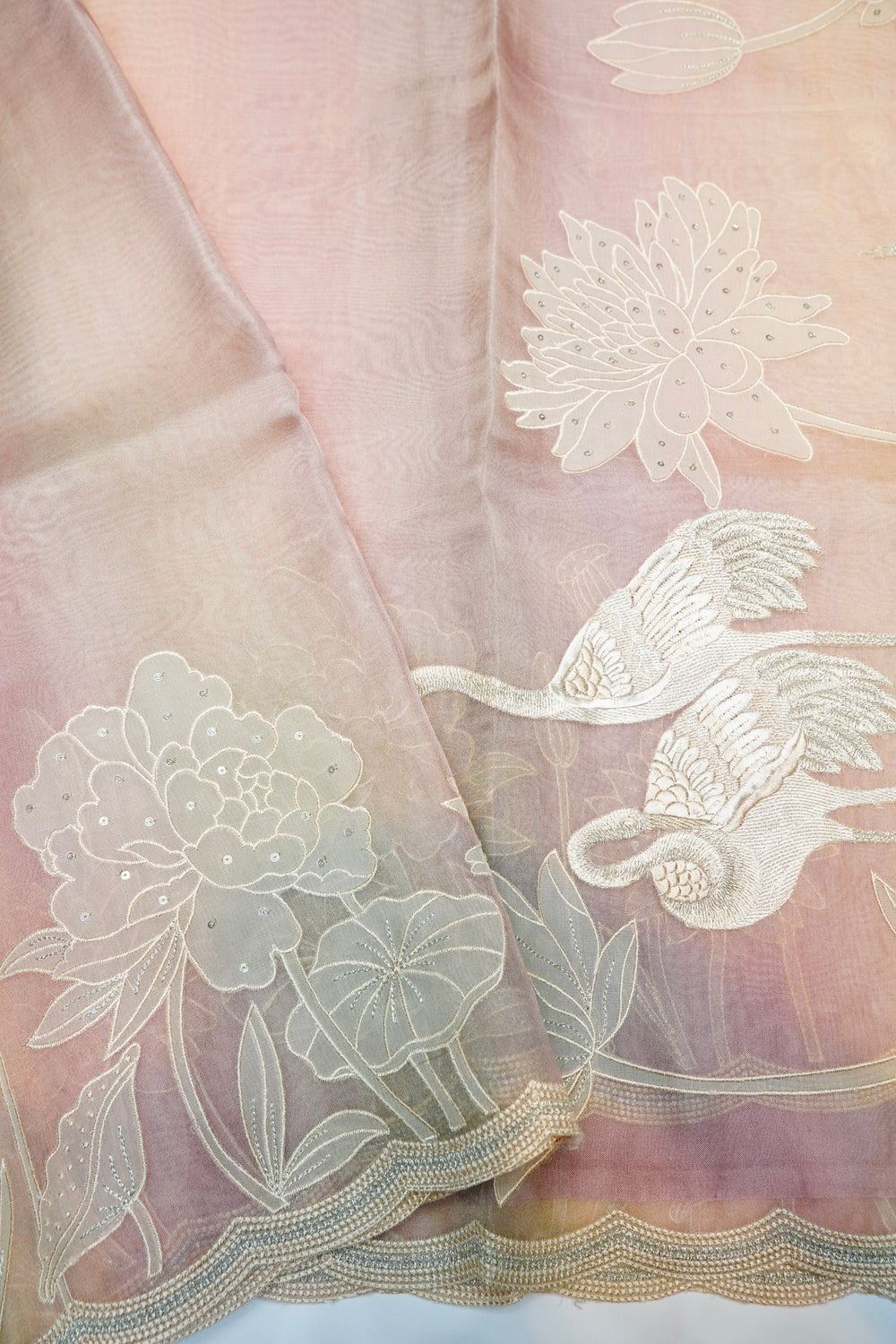 Designer Peach Embroidered Organza Saree