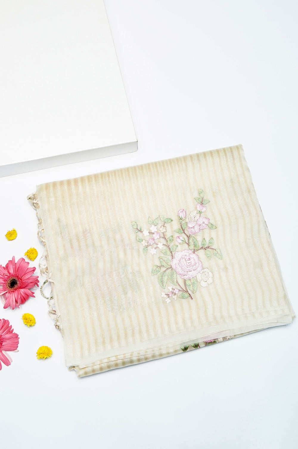 Designer Cream Embroidered Organza Saree