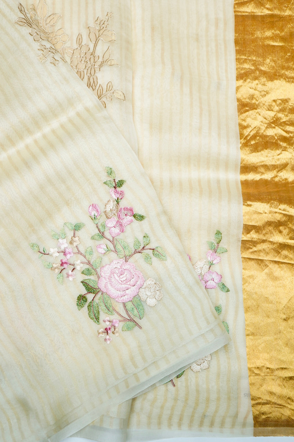 Designer Cream Embroidered Organza Saree