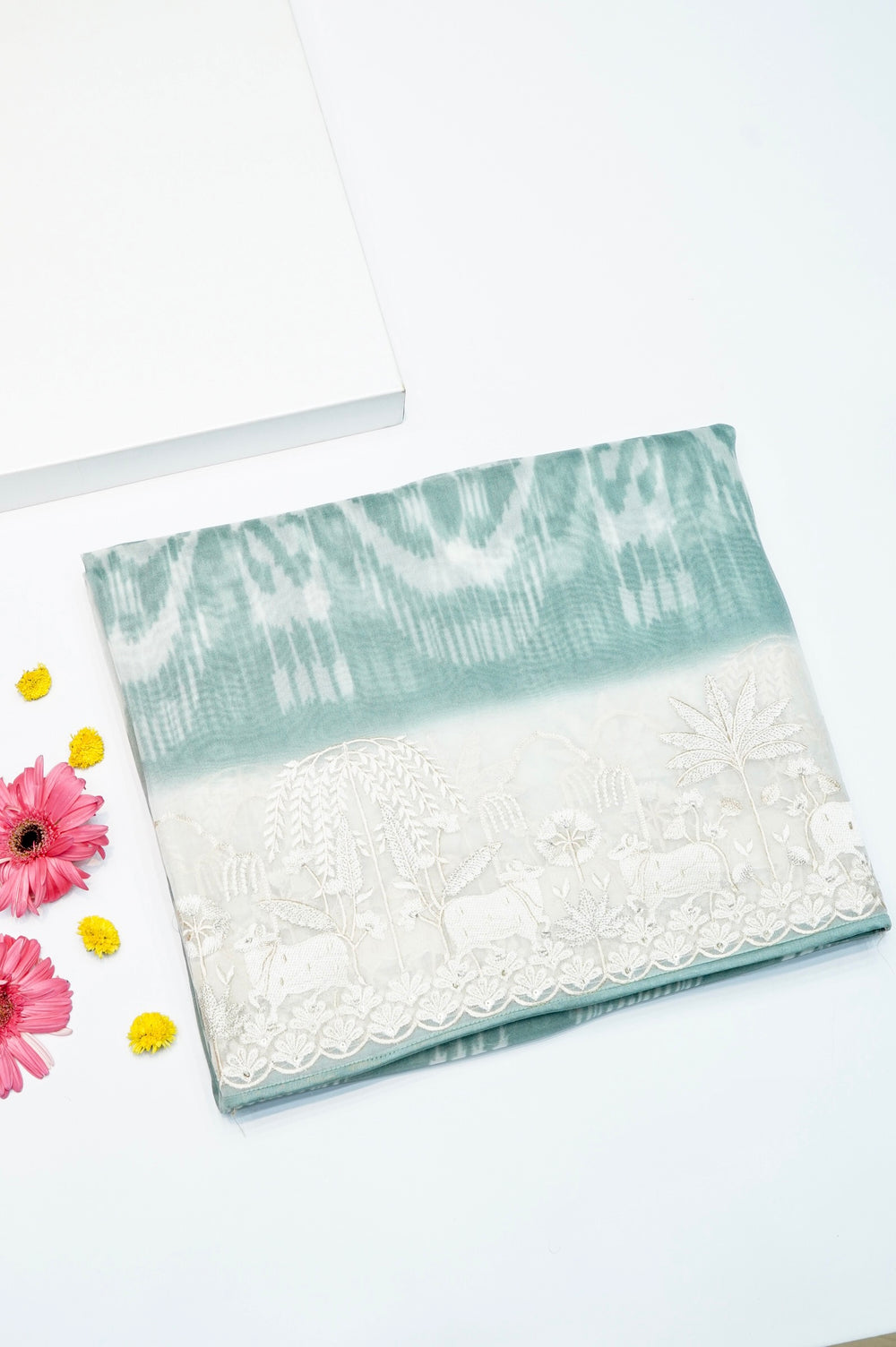 Designer Turquoise Blue Embroidered Organza Saree