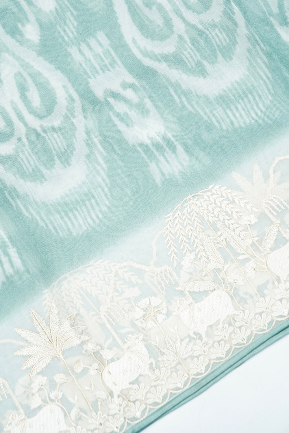 Designer Turquoise Blue Embroidered Organza Saree