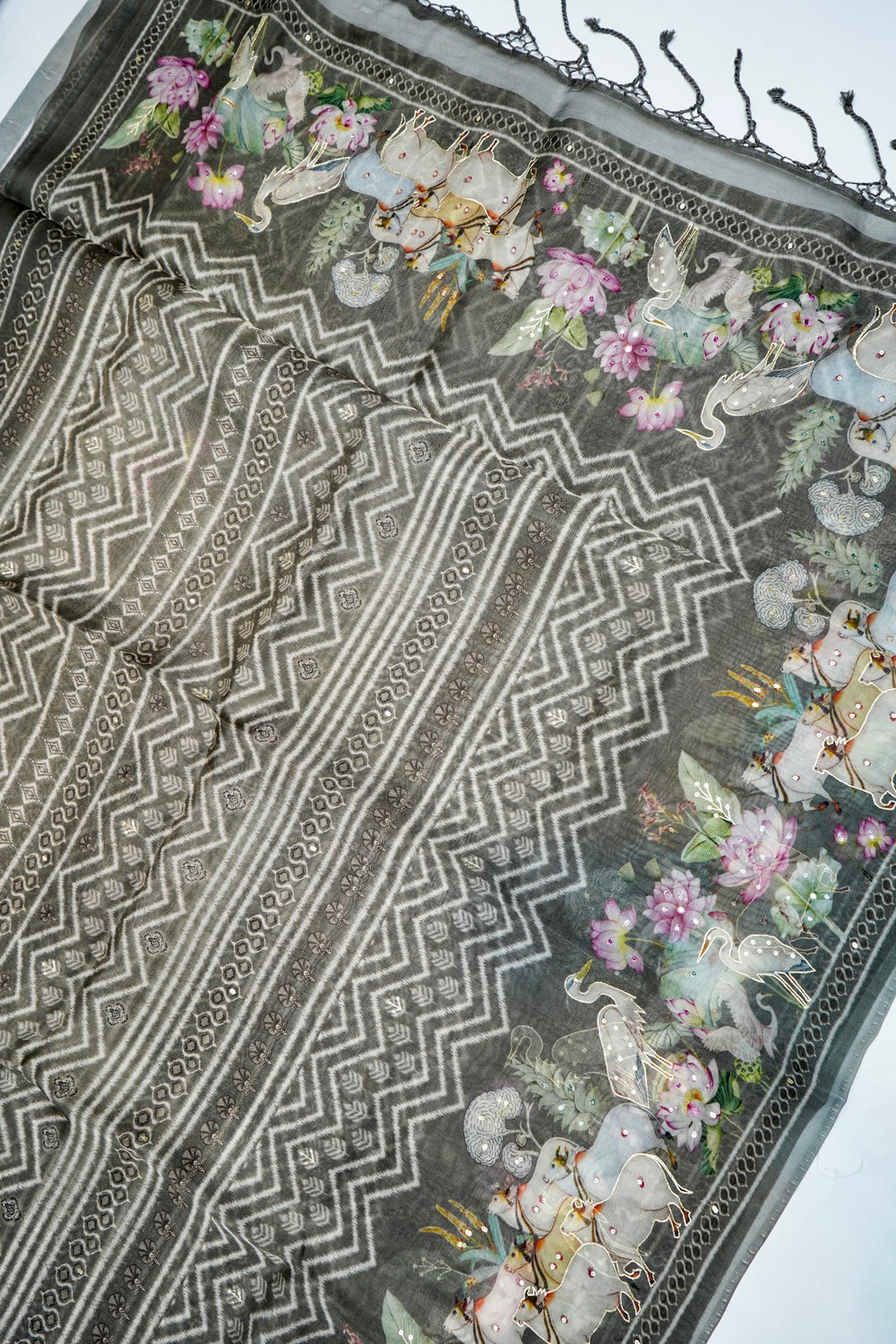 Designer Grey Printed Organza Saree