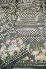 Designer Grey Printed Organza Saree