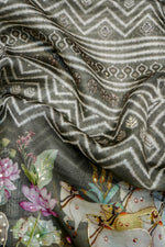 Designer Grey Printed Organza Saree