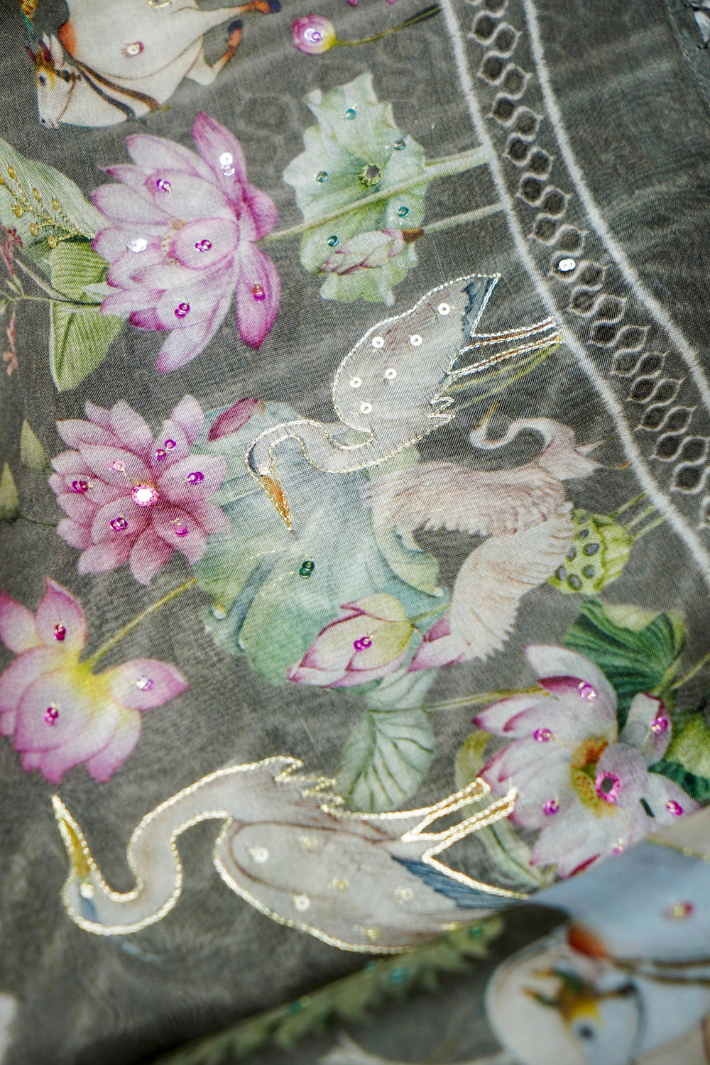 Designer Grey Printed Organza Saree