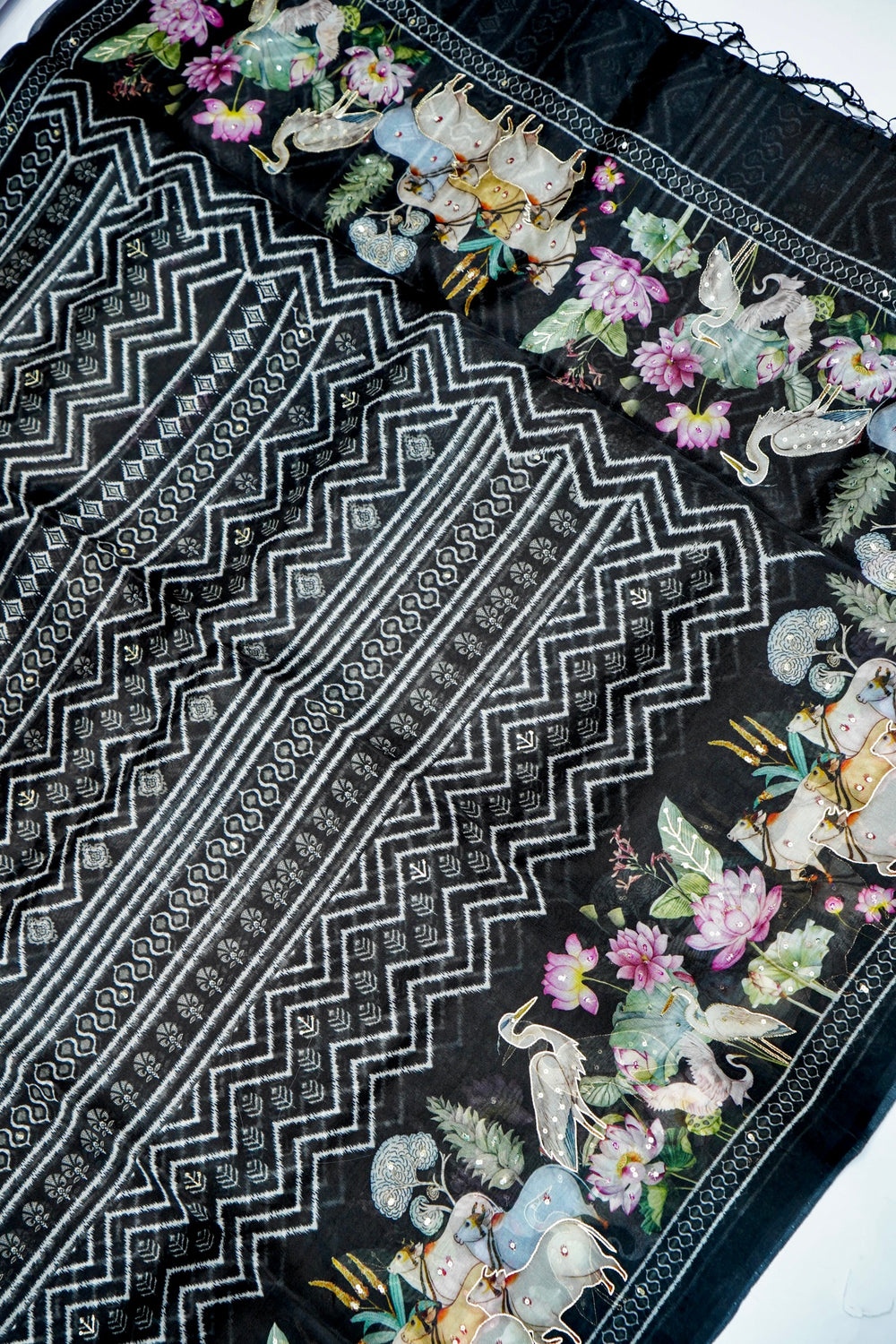 Designer Black Printed Organza Saree