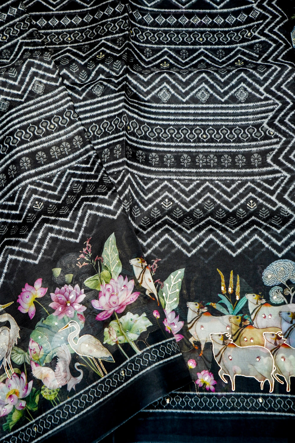 Designer Black Printed Organza Saree