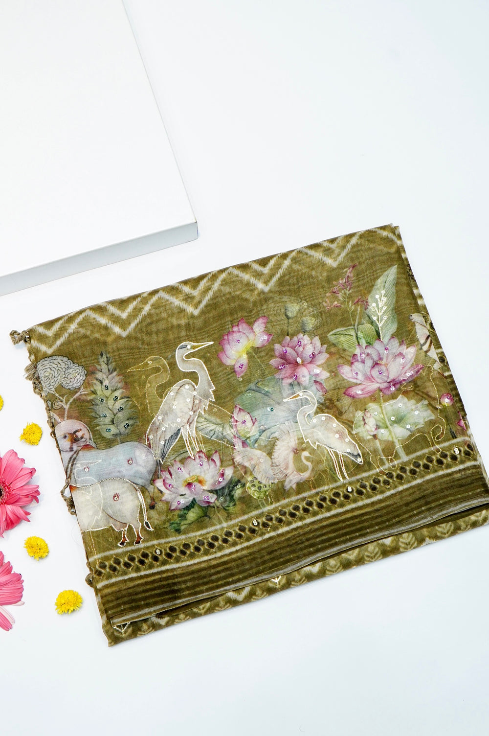 Designer Mehendi Green Printed Organza Saree