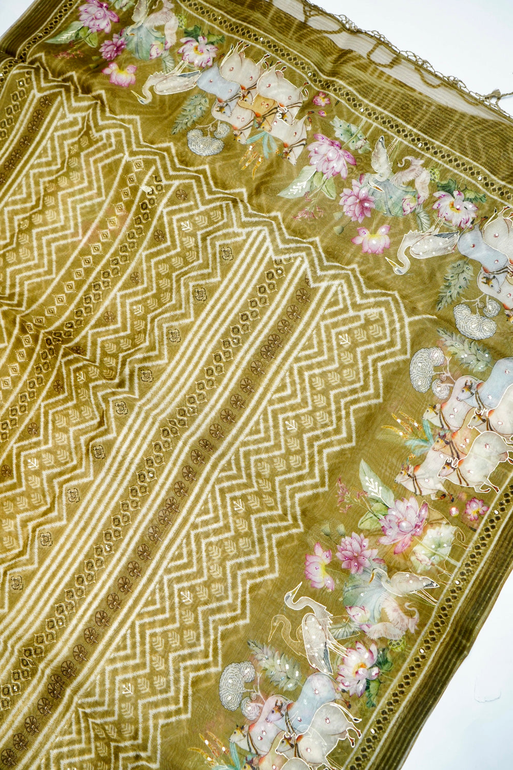 Designer Mehendi Green Printed Organza Saree