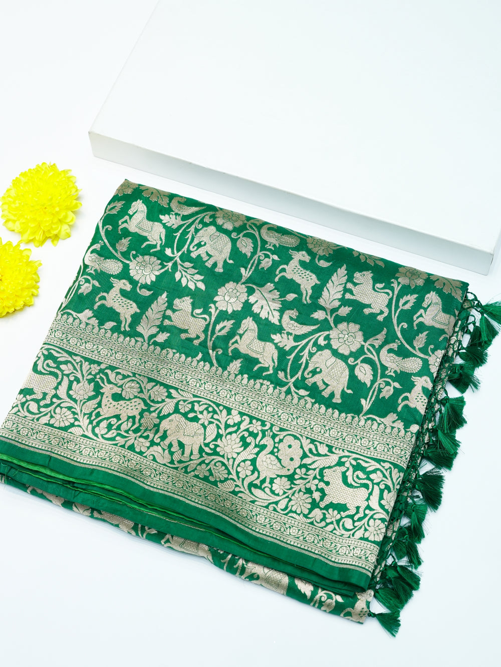 Handwoven Green Shikargah Banarasi Katan Silk Saree