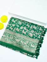 Handwoven Green Shikargah Banarasi Katan Silk Saree