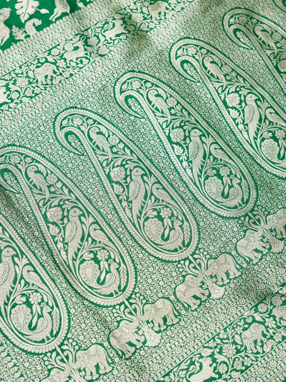 Handwoven Green Shikargah Banarasi Katan Silk Saree