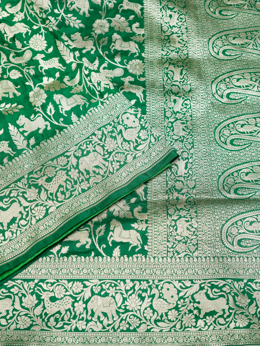 Handwoven Green Shikargah Banarasi Katan Silk Saree
