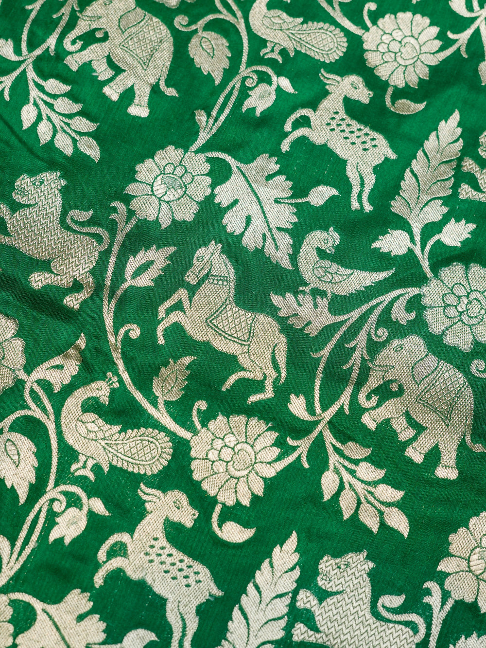 Handwoven Green Shikargah Banarasi Katan Silk Saree
