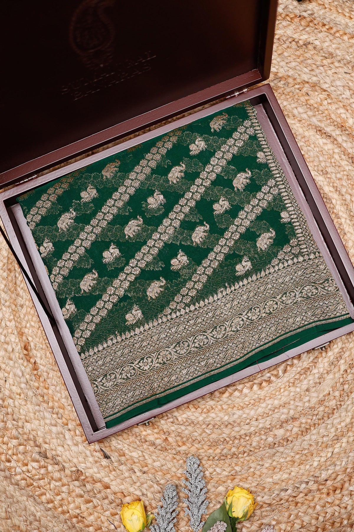 Handwoven Bottle Green Banarasi Khaddi Georgette  Saree