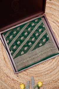 Handwoven Bottle Green Banarasi Khaddi Georgette  Saree