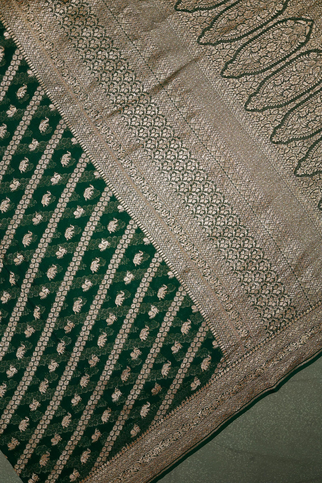 Handwoven Bottle Green Banarasi Khaddi Georgette  Saree