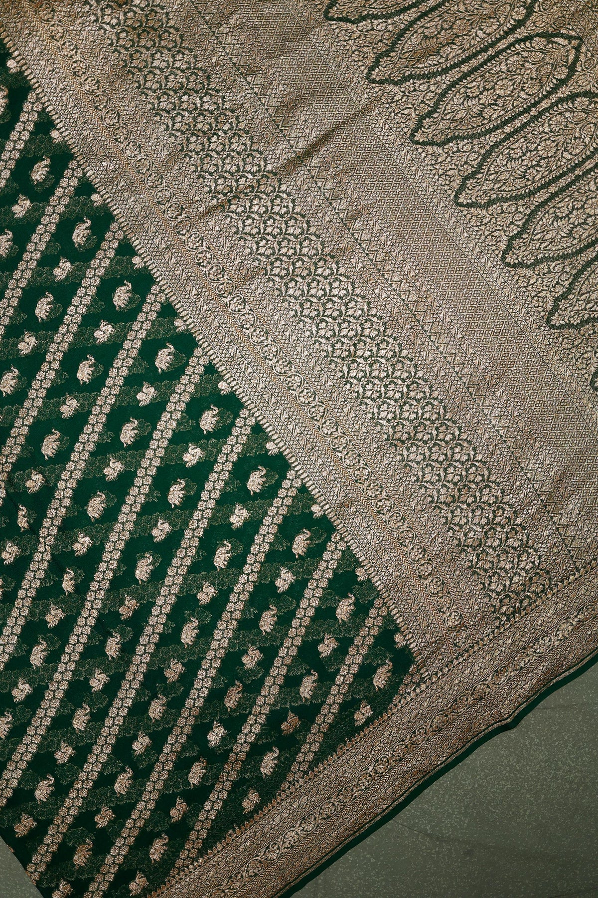 Handwoven Bottle Green Banarasi Khaddi Georgette  Saree