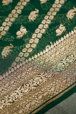 Handwoven Bottle Green Banarasi Khaddi Georgette  Saree