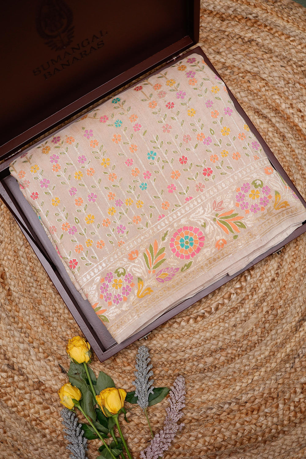 Handwoven Beige Banarasi Tussar Silk Saree