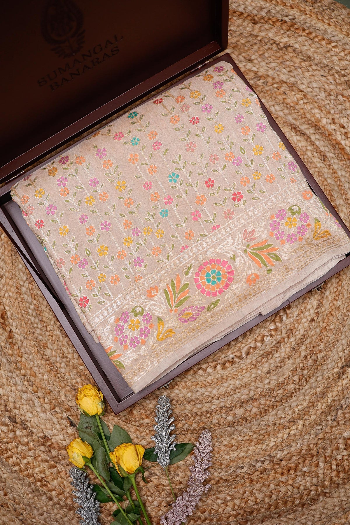 Handwoven Beige Banarasi Tussar Silk Saree