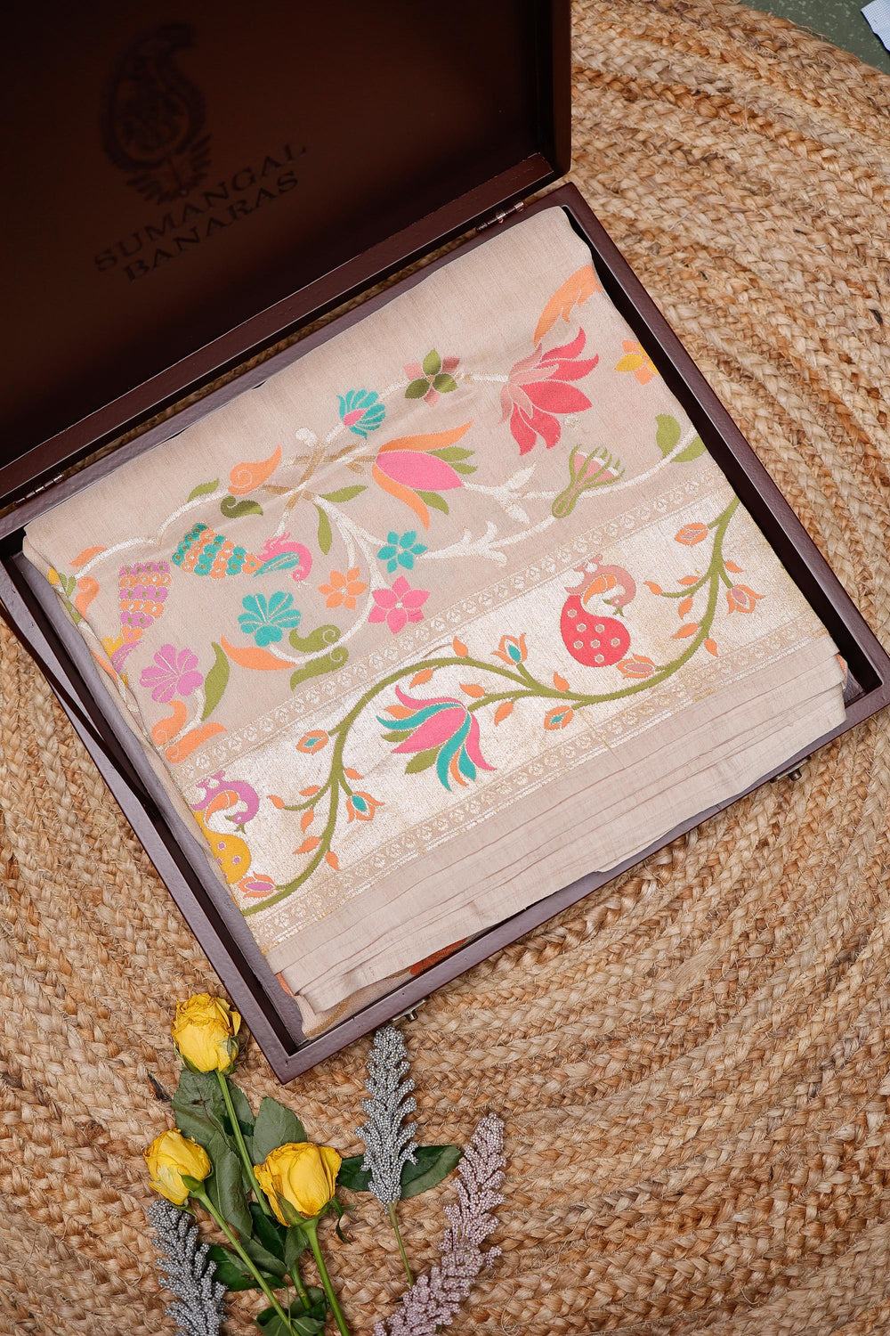 Handwoven Beige Banarasi Tussar Silk Saree