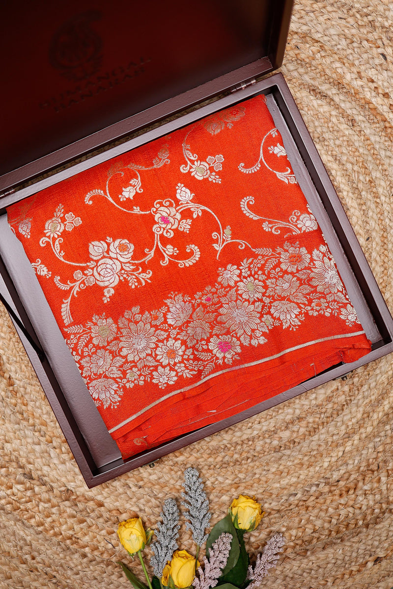 Handwoven Orange Banarasi Tussar Silk Saree