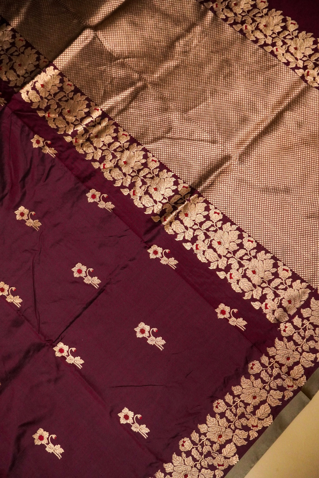 Handwoven Wine Banarasi Katan Silk Saree