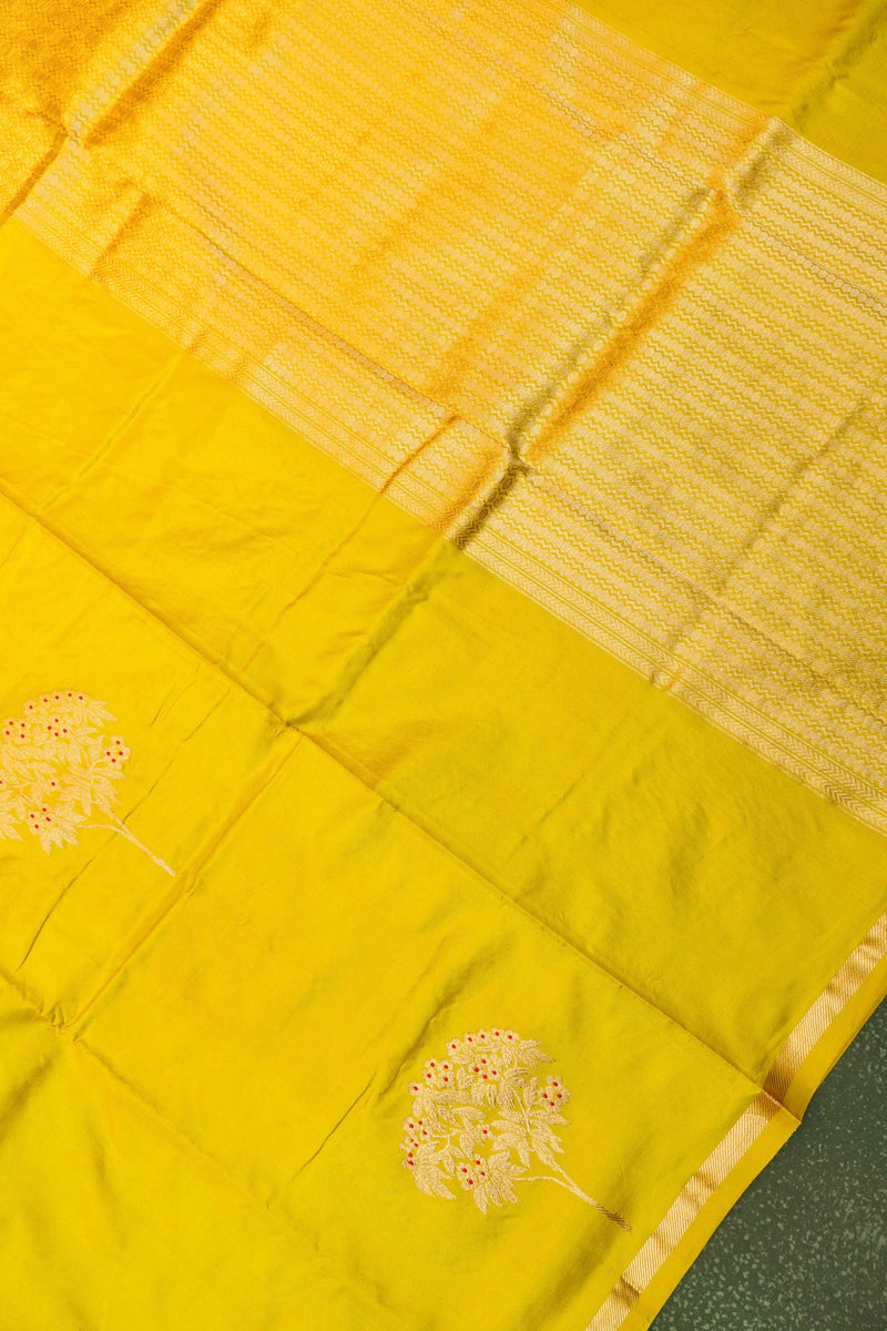 Handwoven Yellow Banarasi Katan Soft Silk Saree