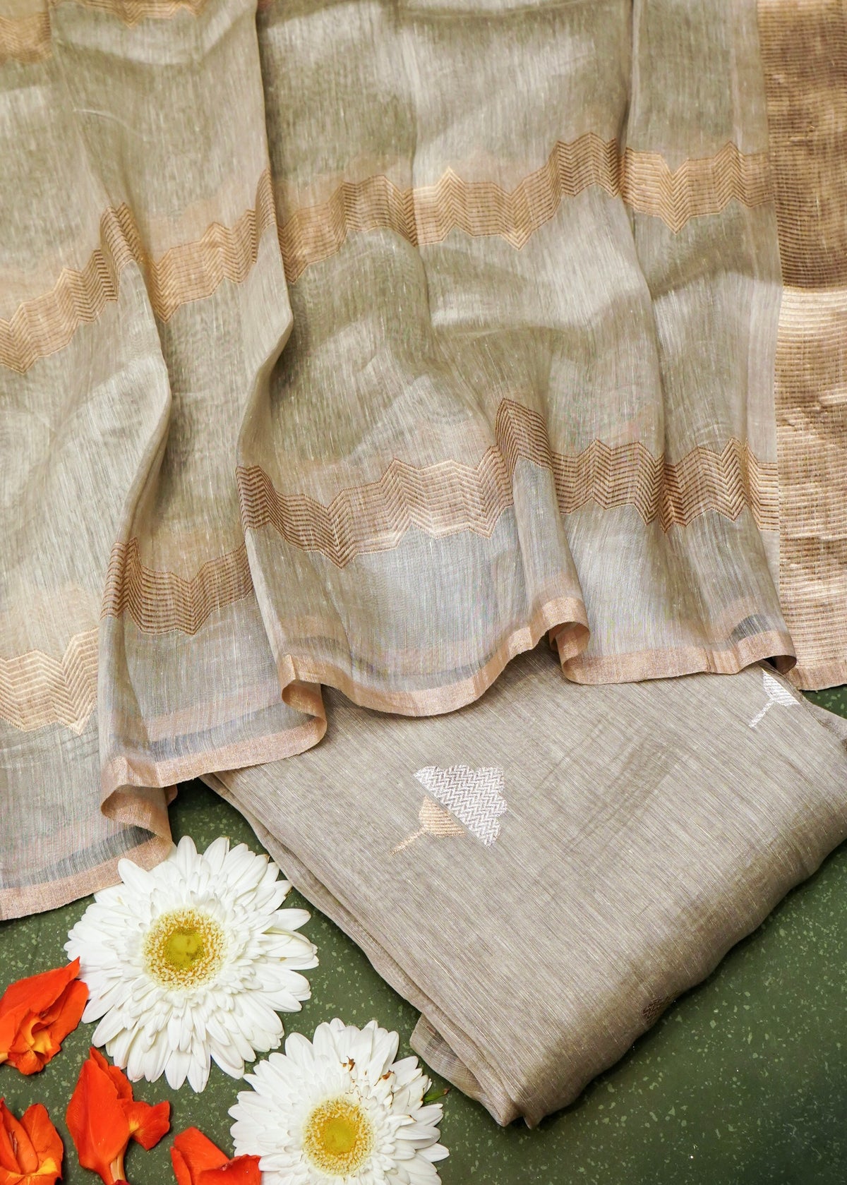 Handwoven Mud Green Banarasi Linen Silk Suit
