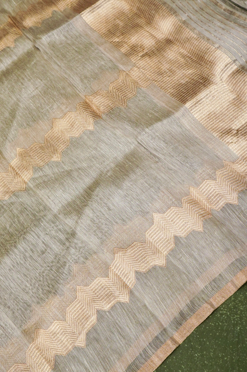 Handwoven Mud Green Banarasi Linen Silk Suit