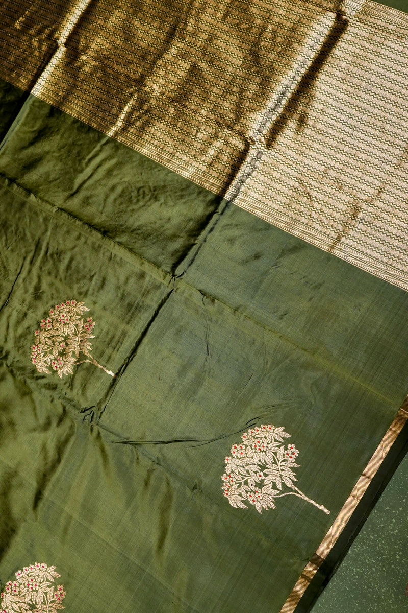 Handwoven Mehdi Green  Banarasi Katan Silk Saree