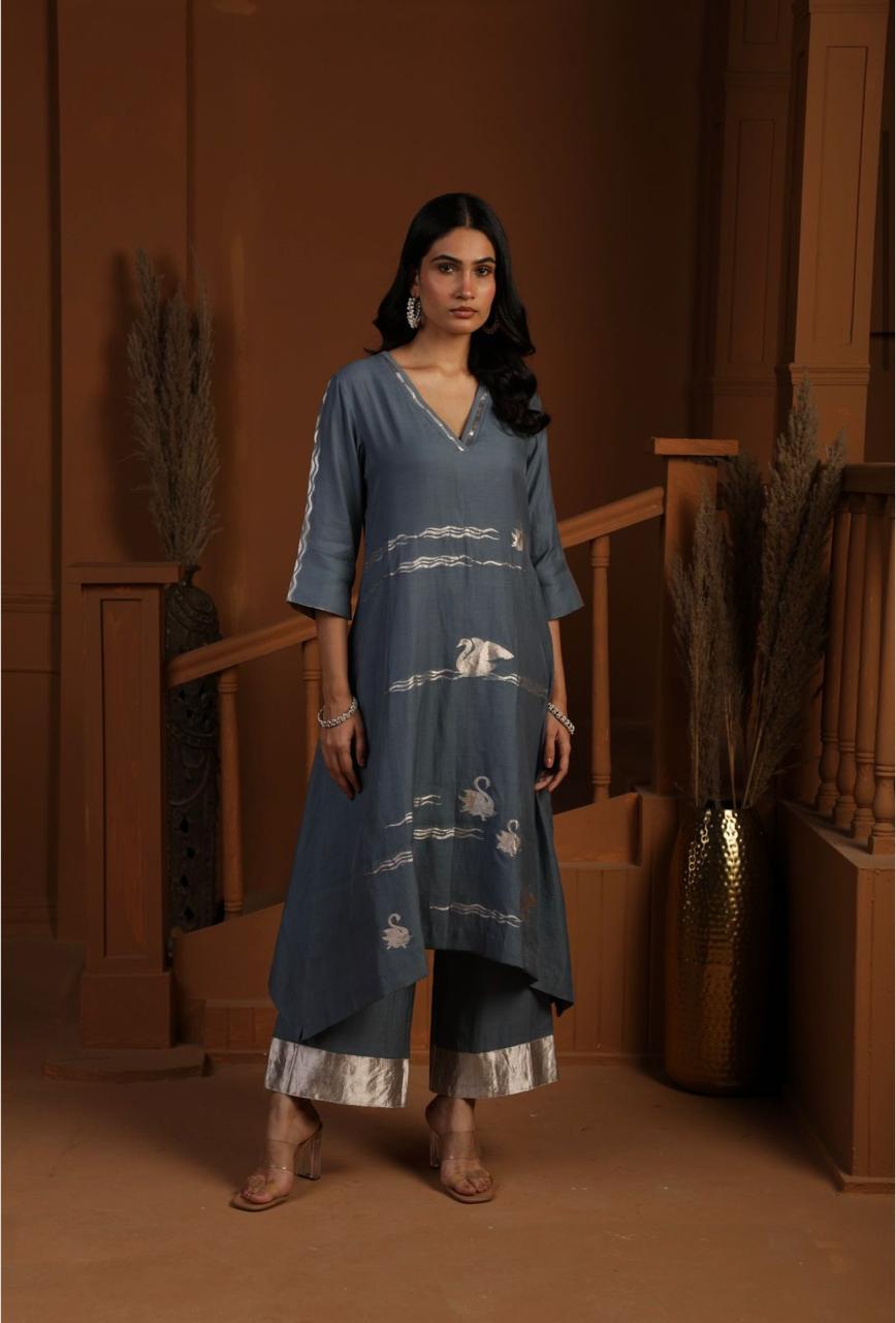 Handwoven Grey Banarasi Organic cotton silk Suit