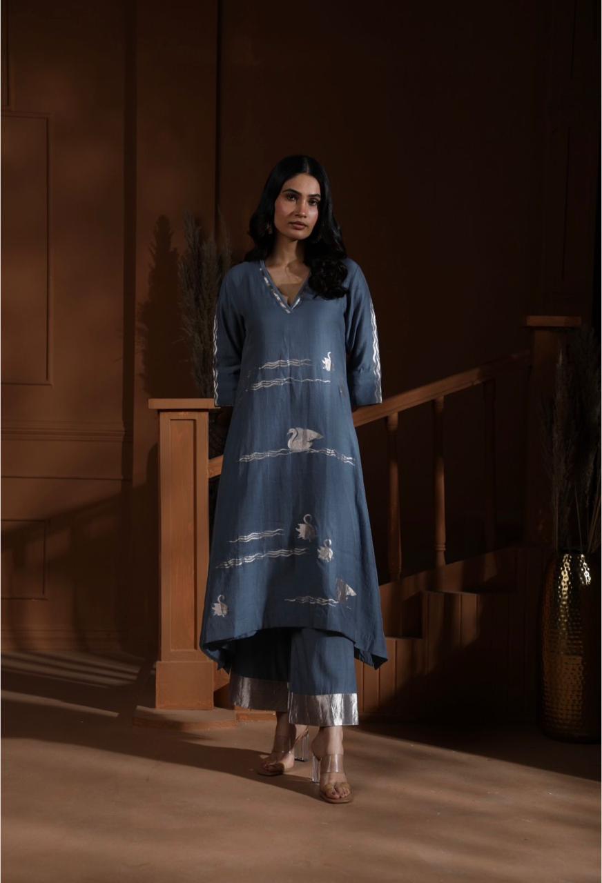 Handwoven Grey Banarasi Organic cotton silk Suit