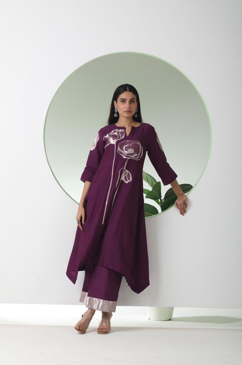 Handwoven Dark Purple Banarasi Organic cotton silk Suit