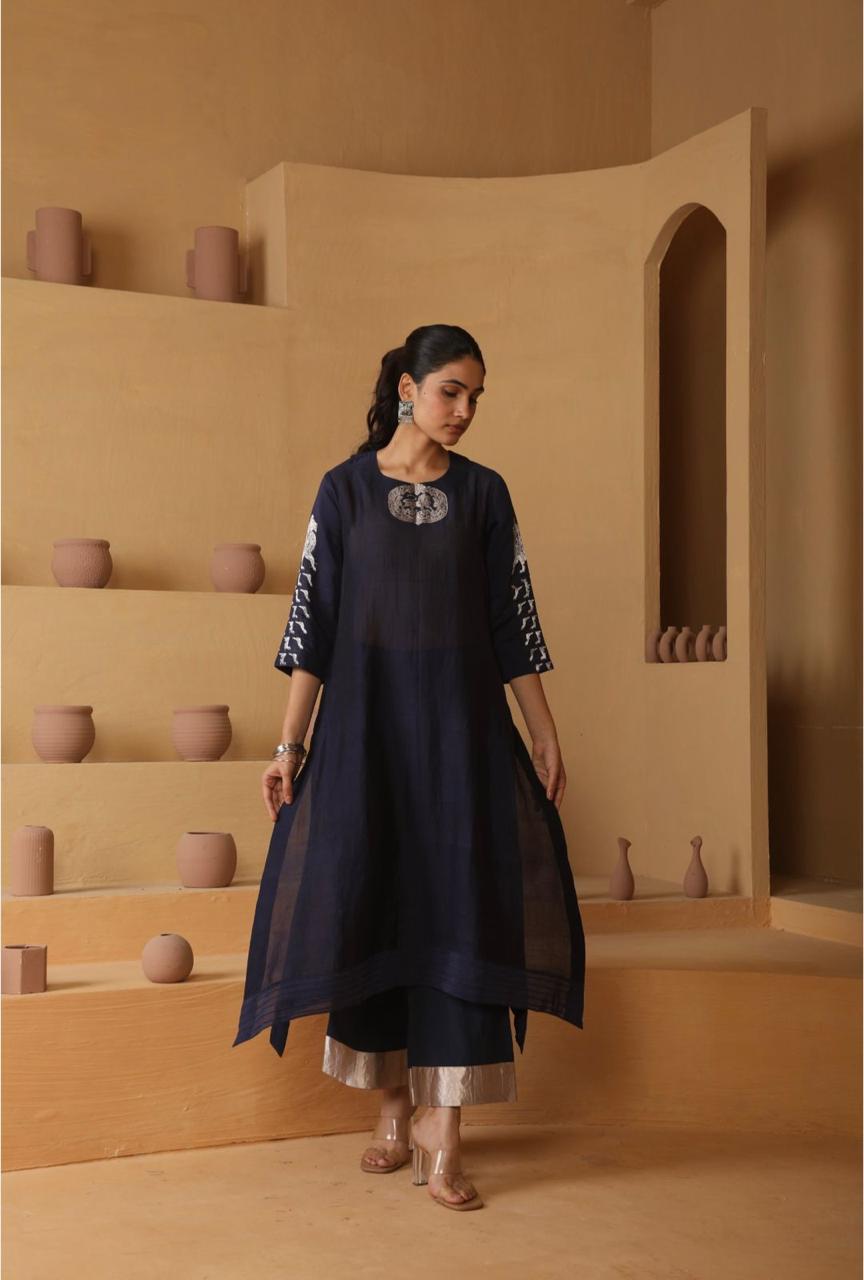 Handwoven Navy Blue Banarasi Organic cotton silk Suit