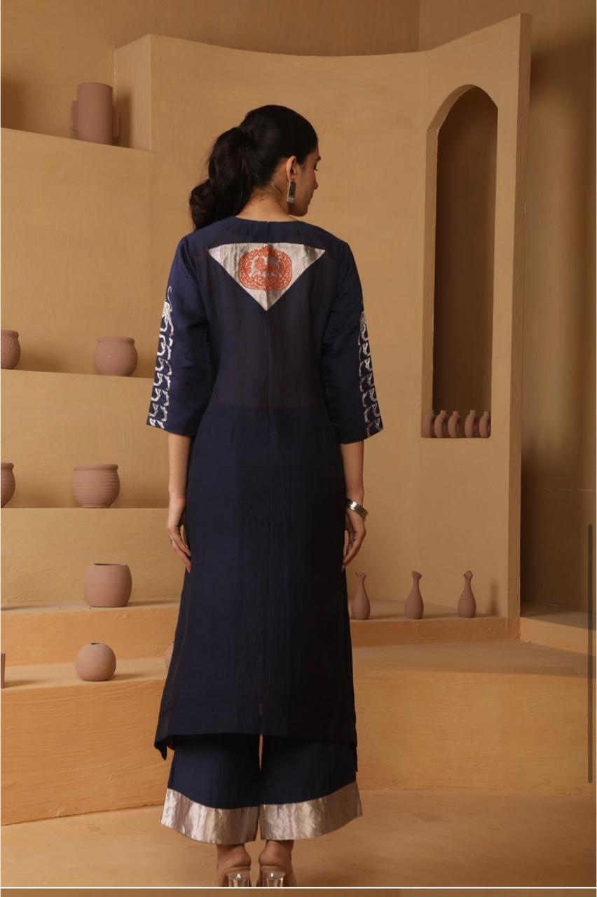 Handwoven Navy Blue Banarasi Organic cotton silk Suit