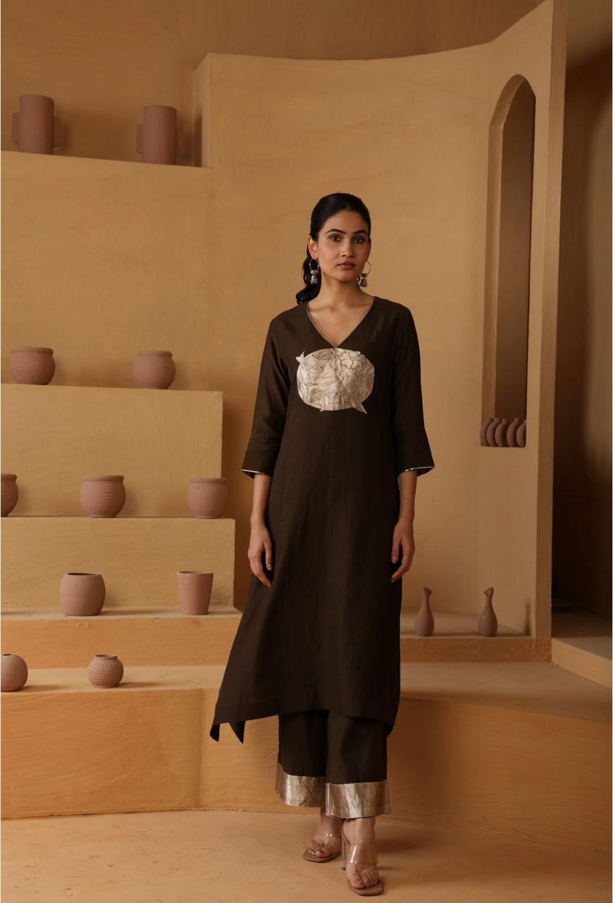 Handwoven Brown Banarasi Organic cotton silk Suit