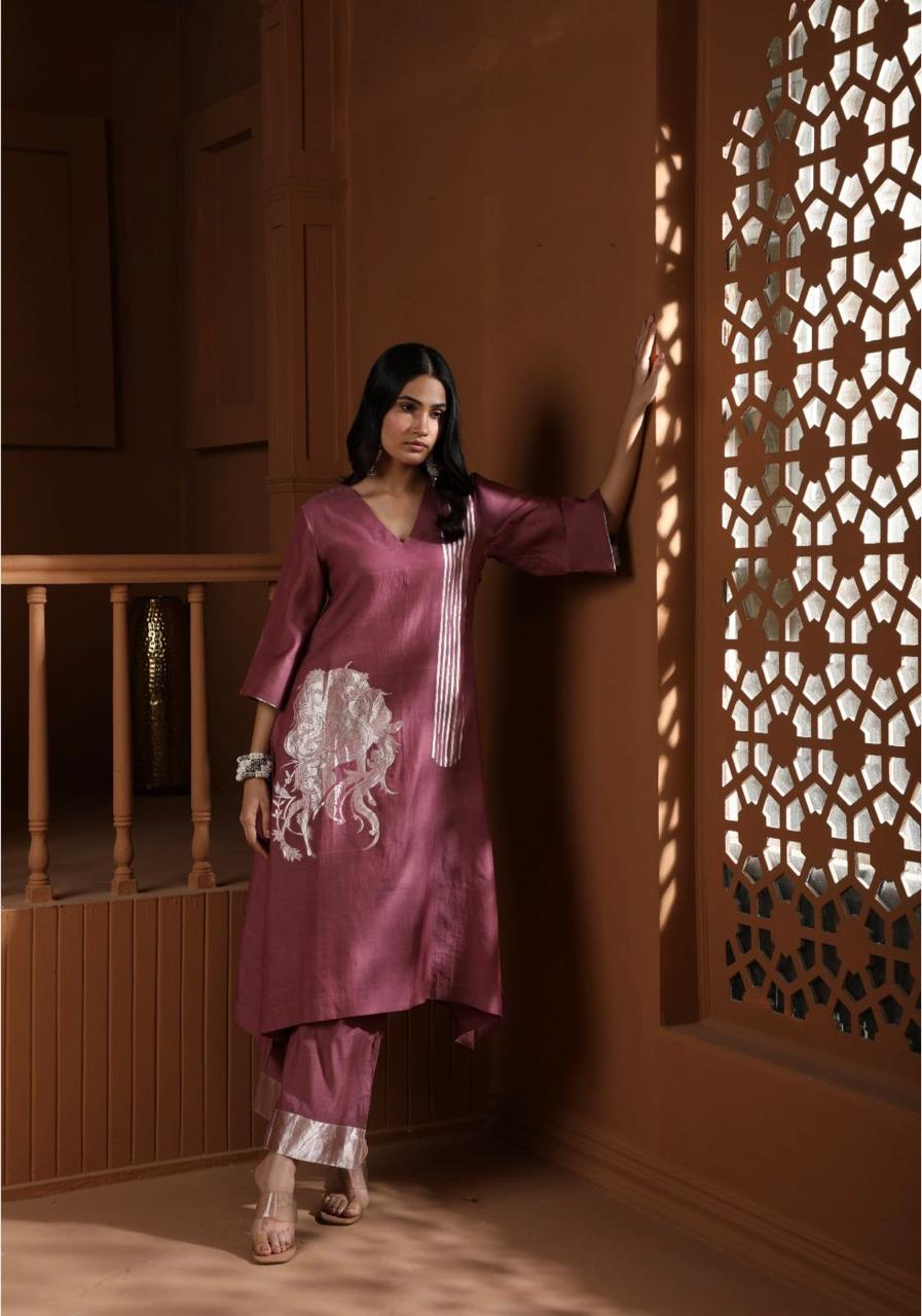 Handwoven Rosewood Mauve Banarasi Organic cotton silk Suit