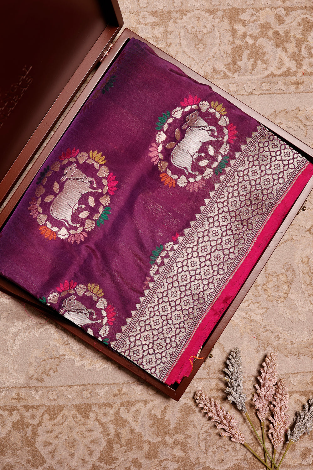 Handwoven Wine Banarasi Katan Silk Saree