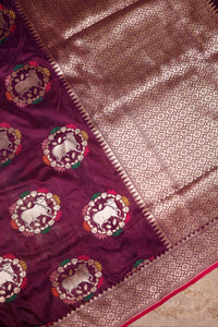 Handwoven Wine Banarasi Katan Silk Saree